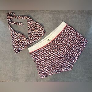 Boden women’s swimsuit pink cream blue ruffle bikini top and shorts size 6 US